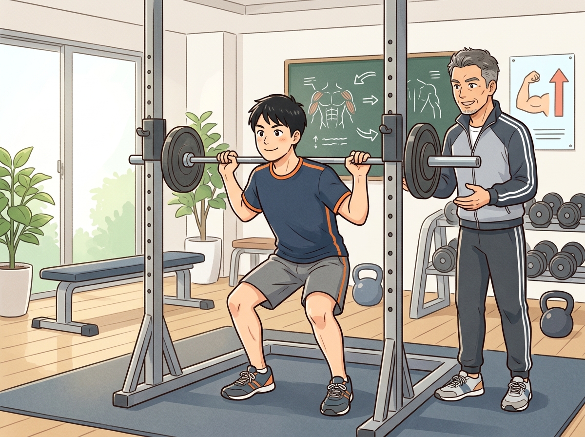 Professional illustration for article section about: バルクアップに必要な筋トレの基本. 日本人が理解しやすい自然で親しみやすい画像。写真のようなリ