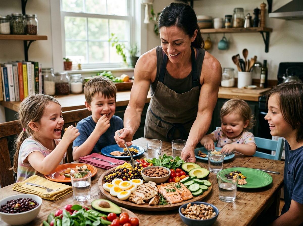 A healthy family meal setting featuring a muscular parent (male or female) preparing a colorful plat