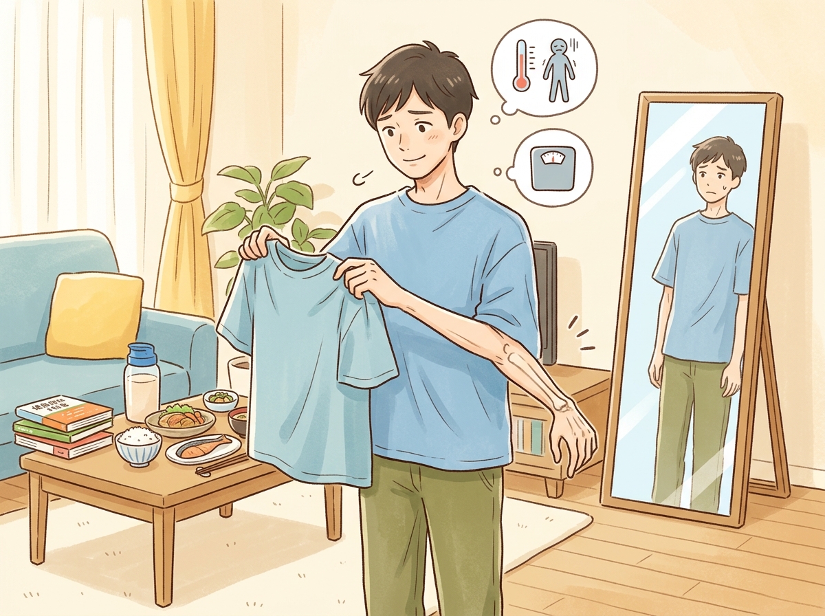 Professional illustration for article section about: ガリガリ体型の特徴と課題. 日本人が理解しやすい自然で親しみやすい画像。写真のようなリアルさで