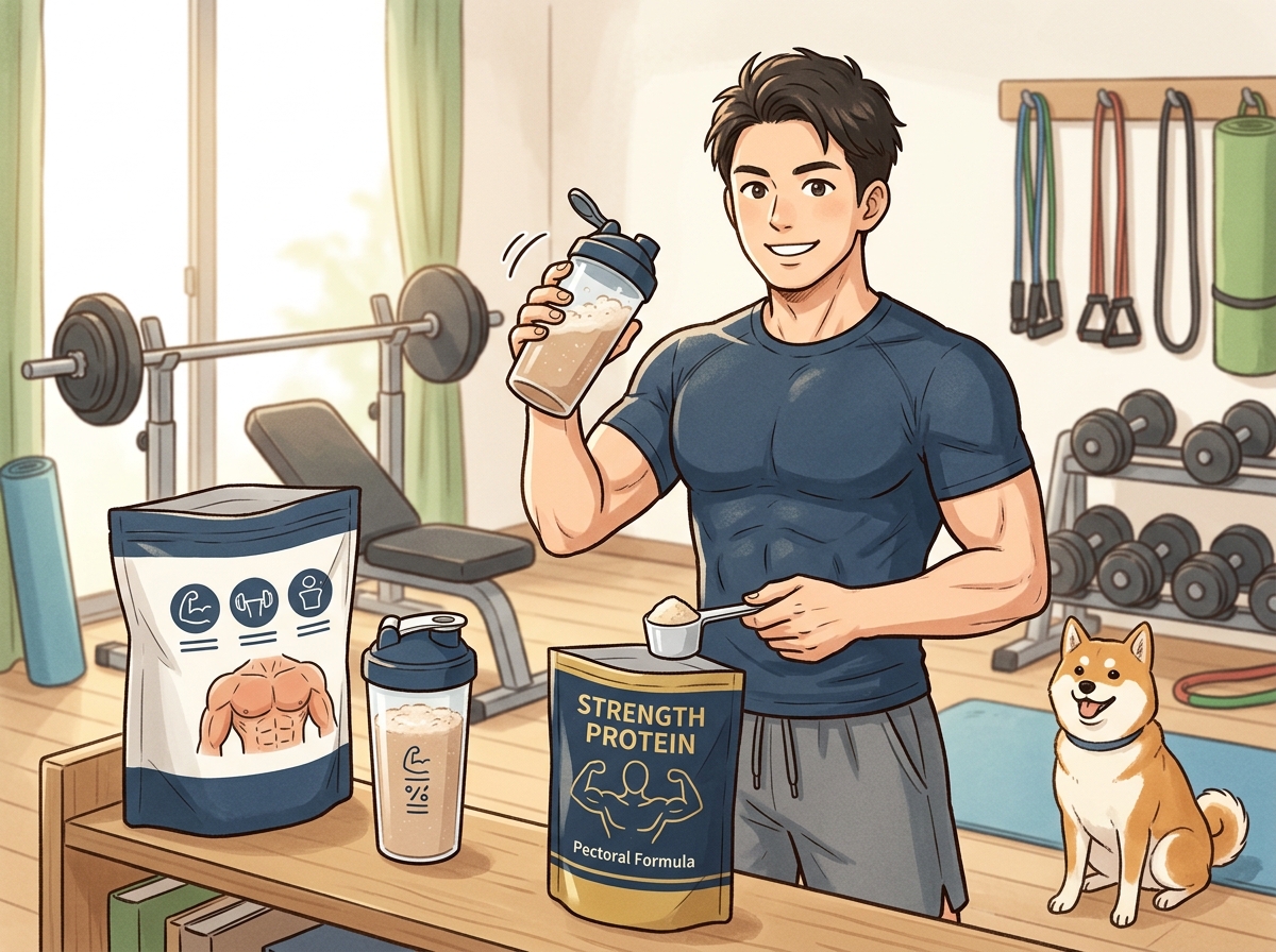 Professional illustration for article section about: 胸筋トレーニングにおすすめのプロテイン. 日本人が理解しやすい自然で親しみやすい画像。写真のよ