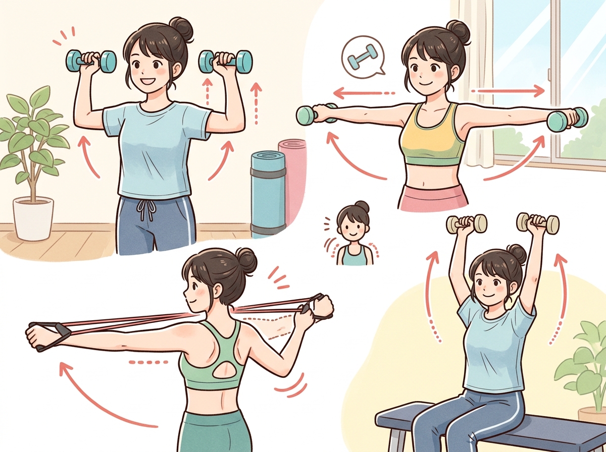 Professional illustration for article section about: 初心者向け肩の筋トレメニュー. 日本人が理解しやすい自然で親しみやすい画像。写真のようなリアル