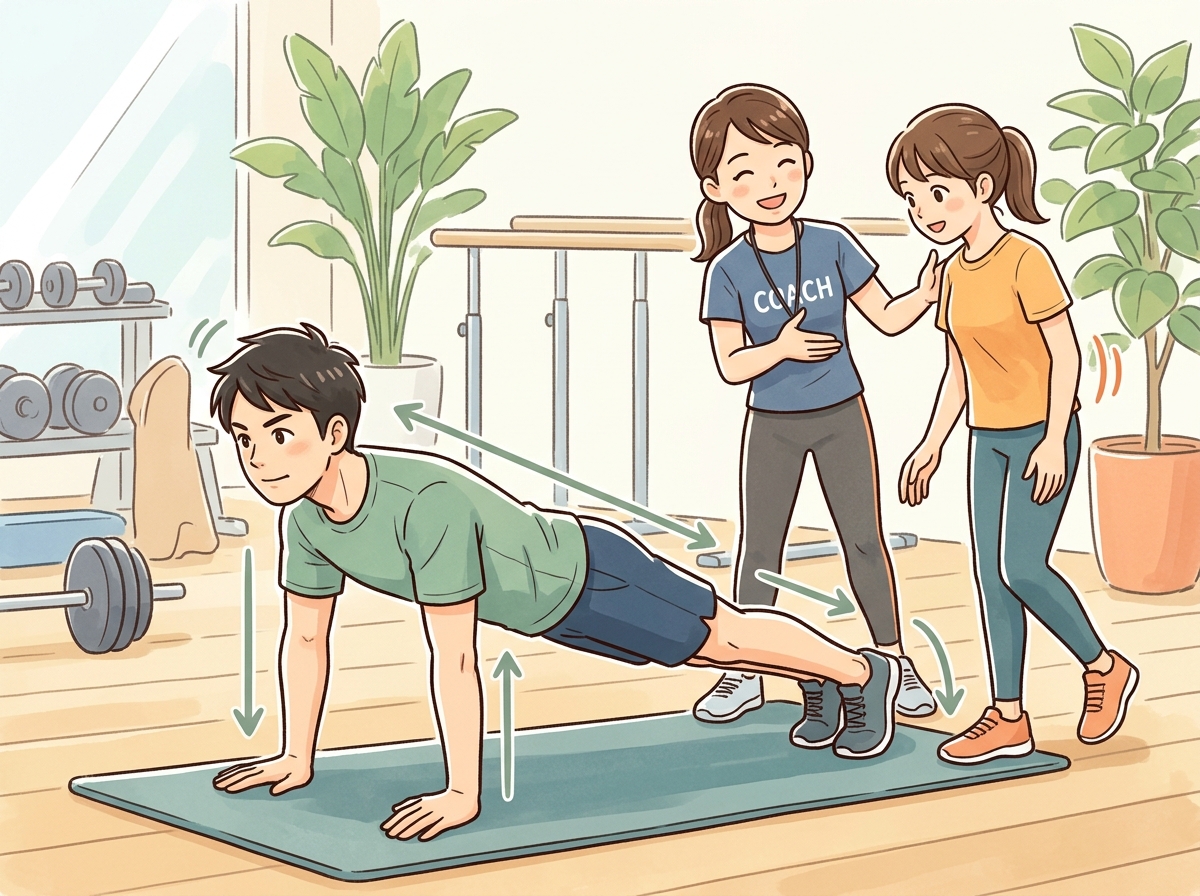 Professional illustration for article section about: バーピーの注意点と安全に行うためのコツ. 日本人が理解しやすい自然で親しみやすい画像。写真のよ