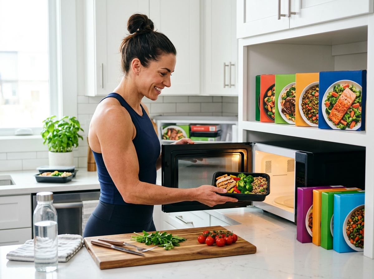 A fit male or female athlete in a modern kitchen, heating a colorful high-protein frozen meal in a m