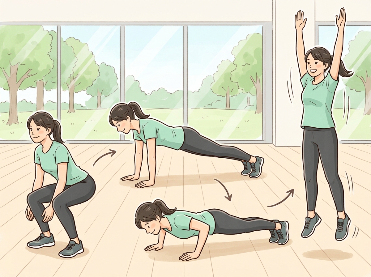 Professional illustration for article section about: バーピーの正しいやり方とフォーム. 日本人が理解しやすい自然で親しみやすい画像。写真のようなリ