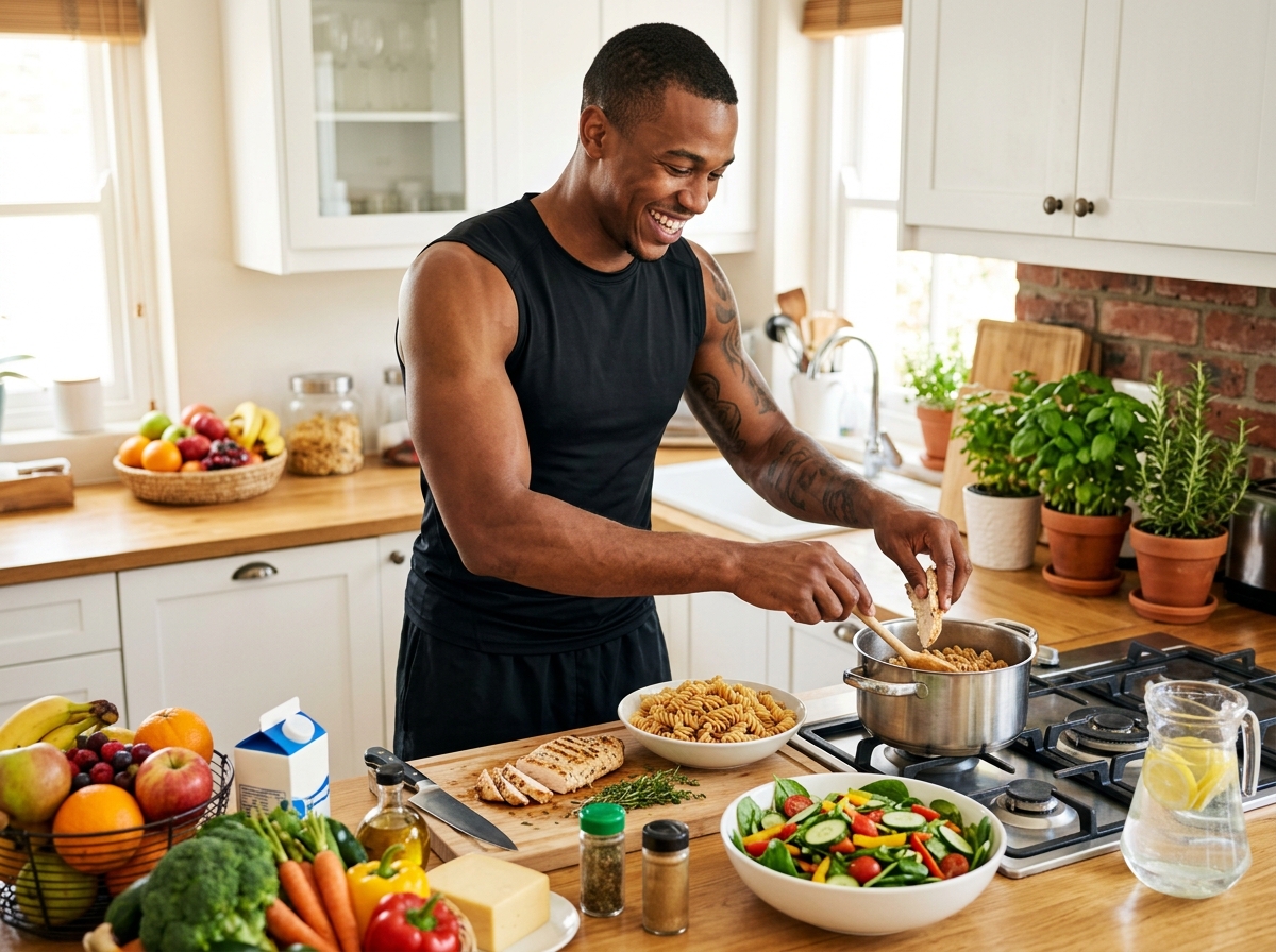 A vibrant kitchen scene featuring a diverse array of healthy foods: whole grain pasta, cooked chicke
