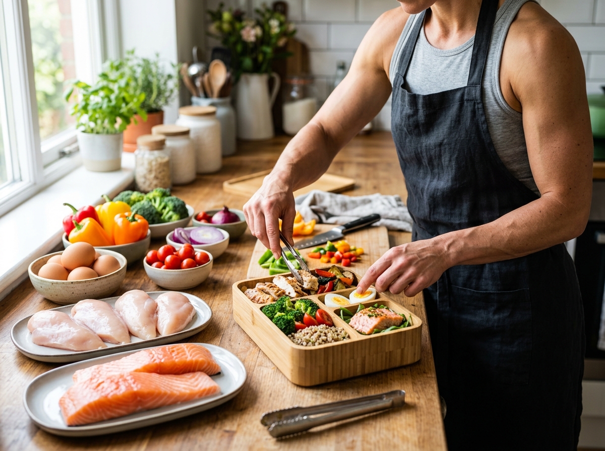 A bright kitchen scene with a variety of high-protein foods neatly arranged on a wooden countertop. 