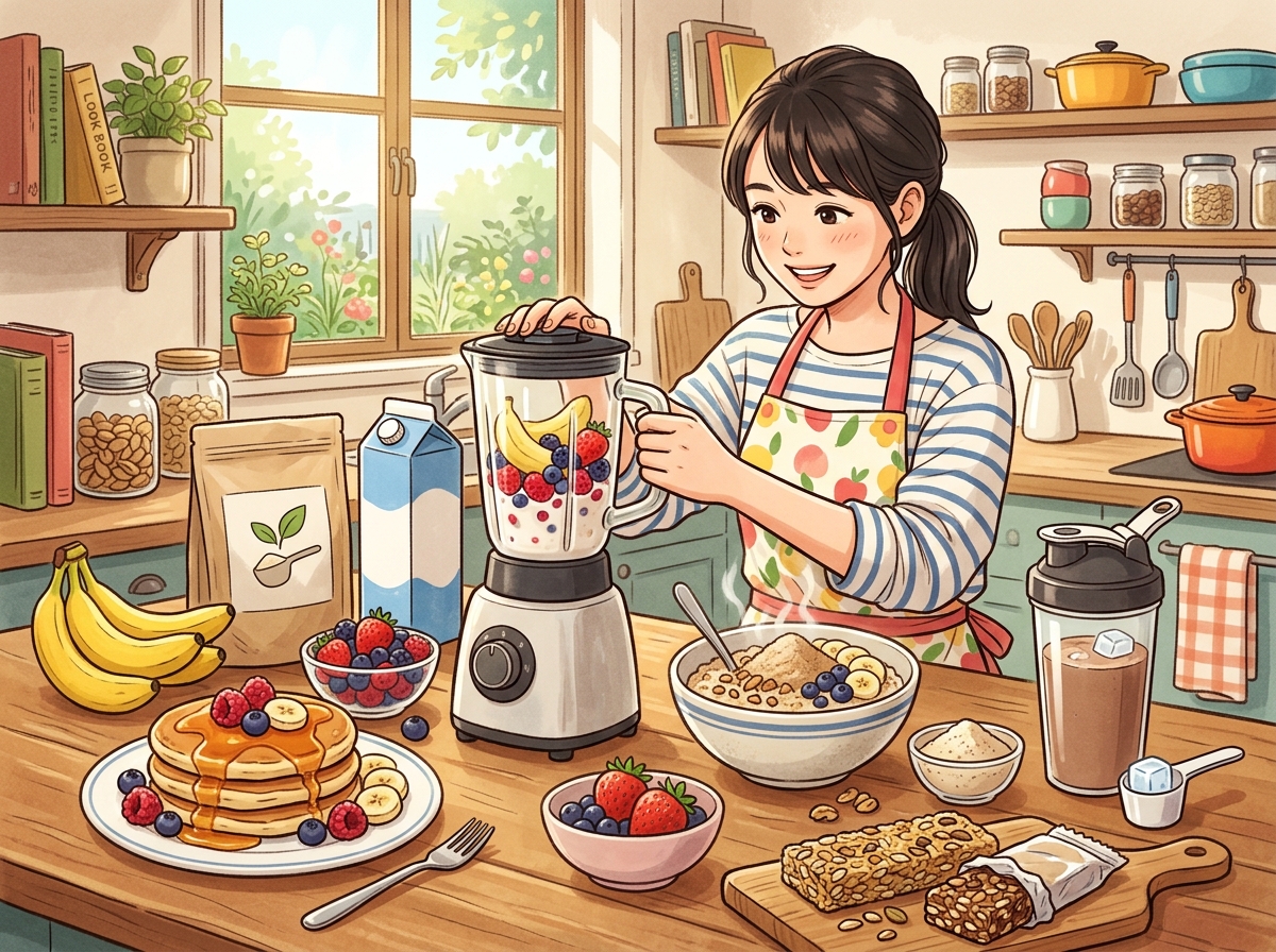 A colorful, friendly illustration depicting various protein sources like whey and casein in the form