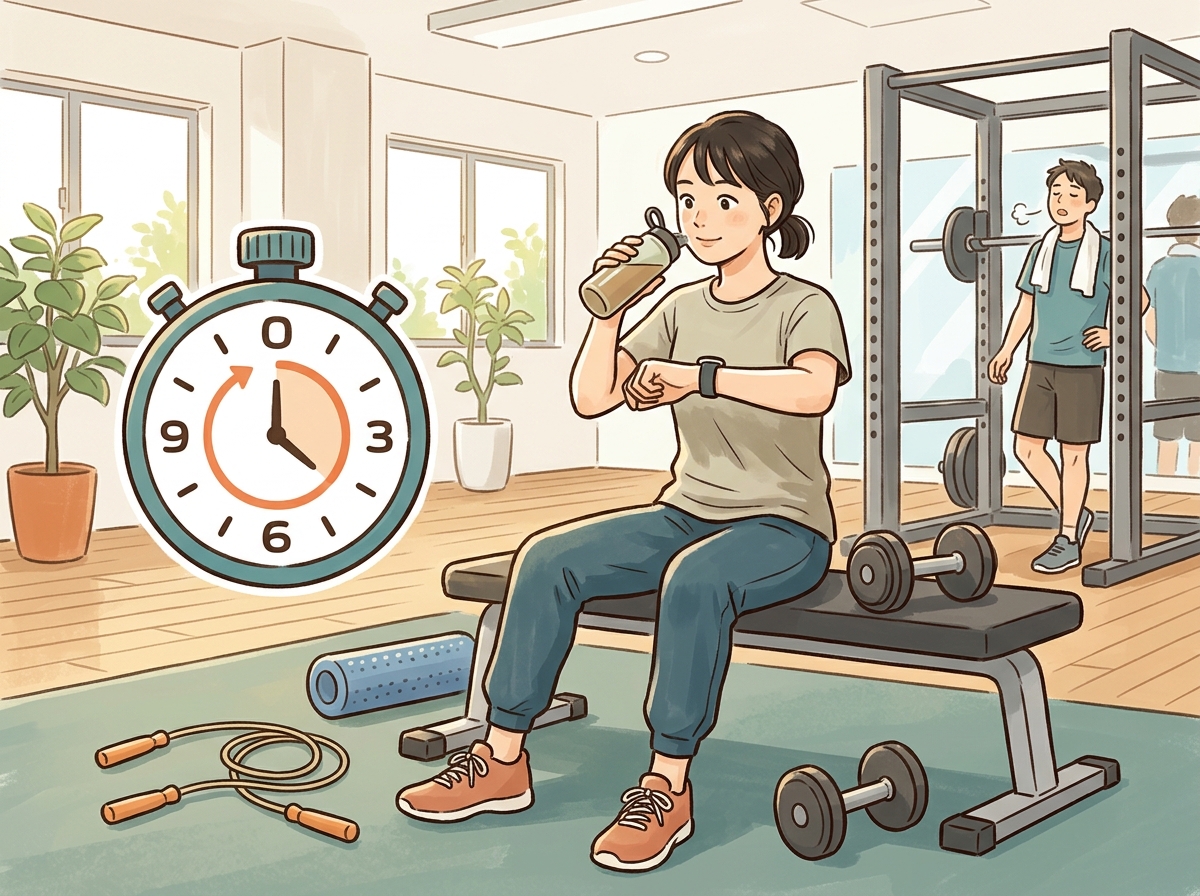 Professional illustration for article section about: 筋トレにおけるインターバルの基本. 日本人が理解しやすい自然で親しみやすい画像。写真のようなリ