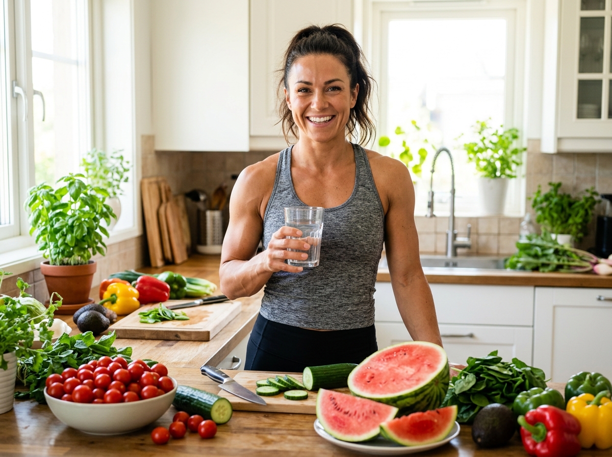 A realistic photograph of a muscular man or woman standing in a bright, sunlit kitchen, holding a gl