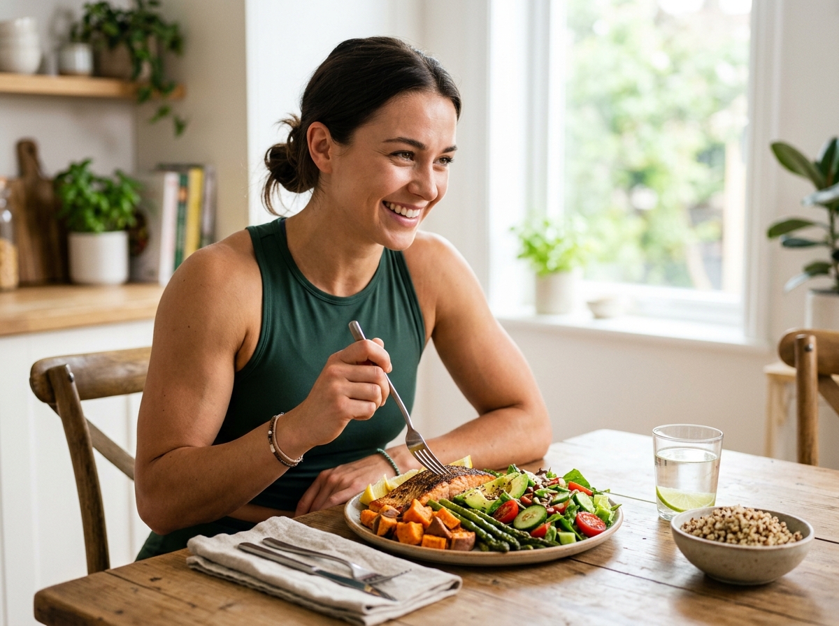 A visually appealing scene featuring a well-prepared, nutritious meal with vibrant colors representi