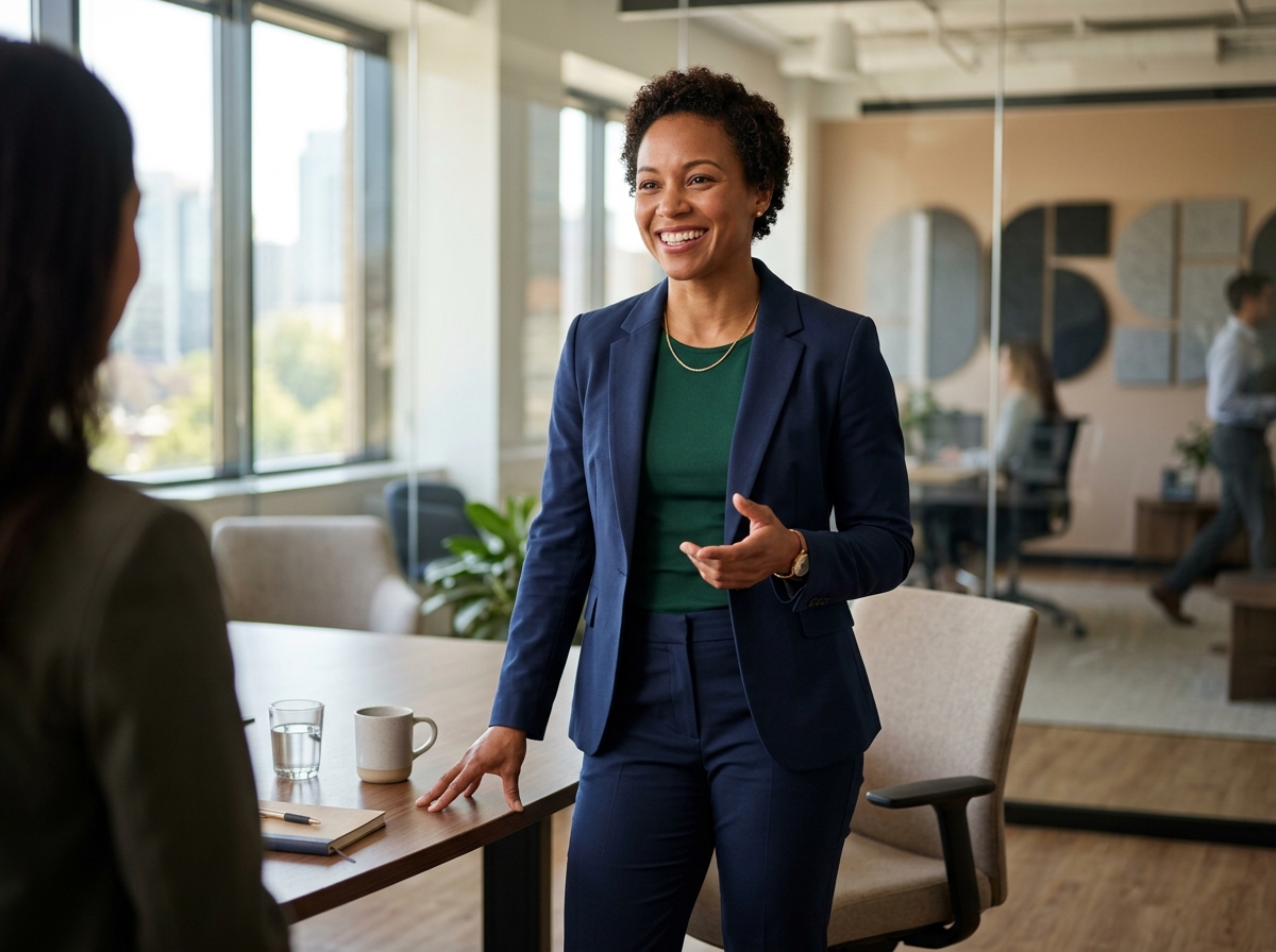 A confident individual with a fit physique, dressed in professional attire, standing in a well-lit i