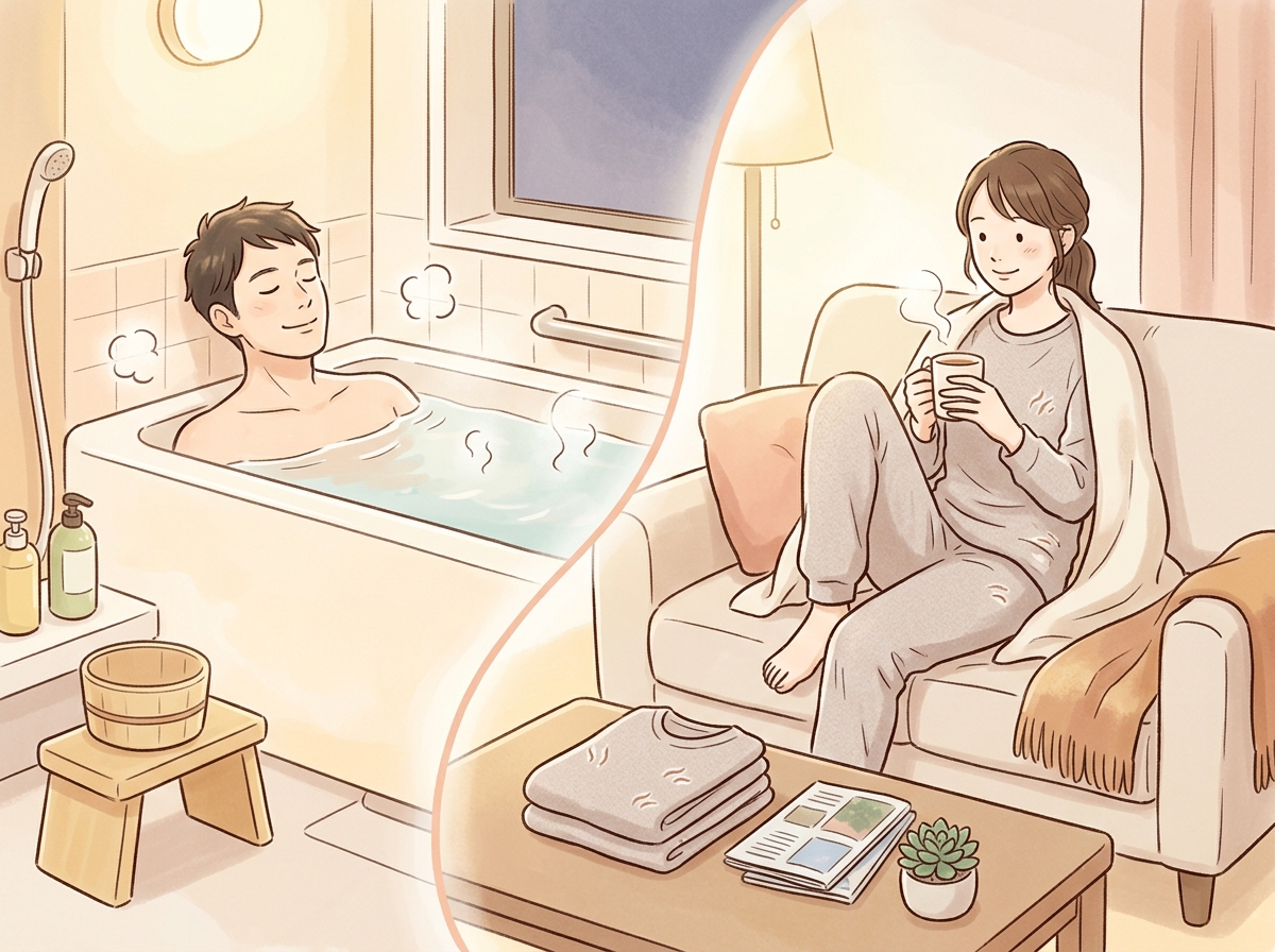 Professional illustration for article section about: 温浴とリカバリーウェアの活用法. 日本人が理解しやすい自然で親しみやすい画像。写真のようなリア