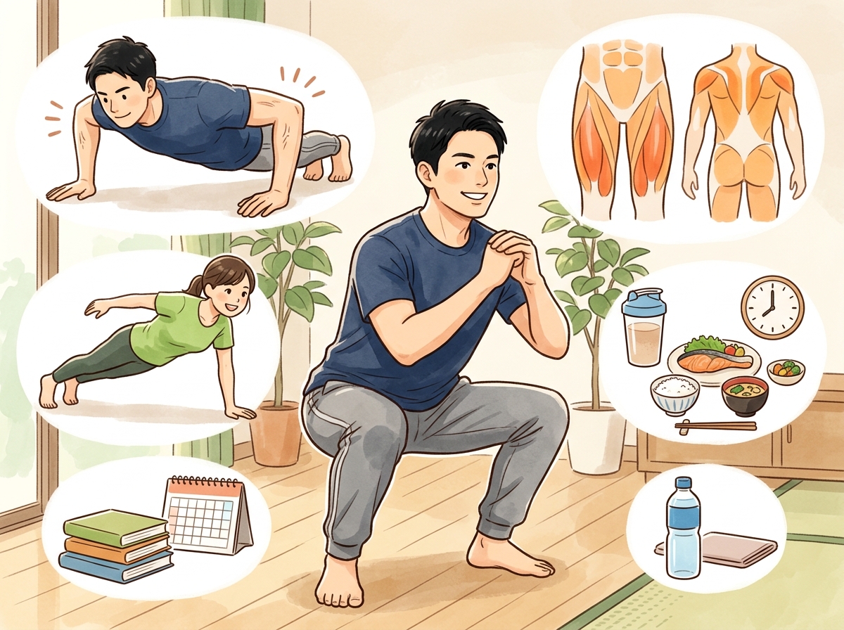 Professional illustration for article section about: 自重トレーニングの効果を最大化する方法. 日本人が理解しやすい自然で親しみやすい画像。写真のよ