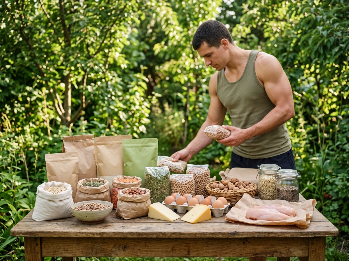 A serene outdoor scene showcasing a diverse array of high-protein food products displayed on a natur