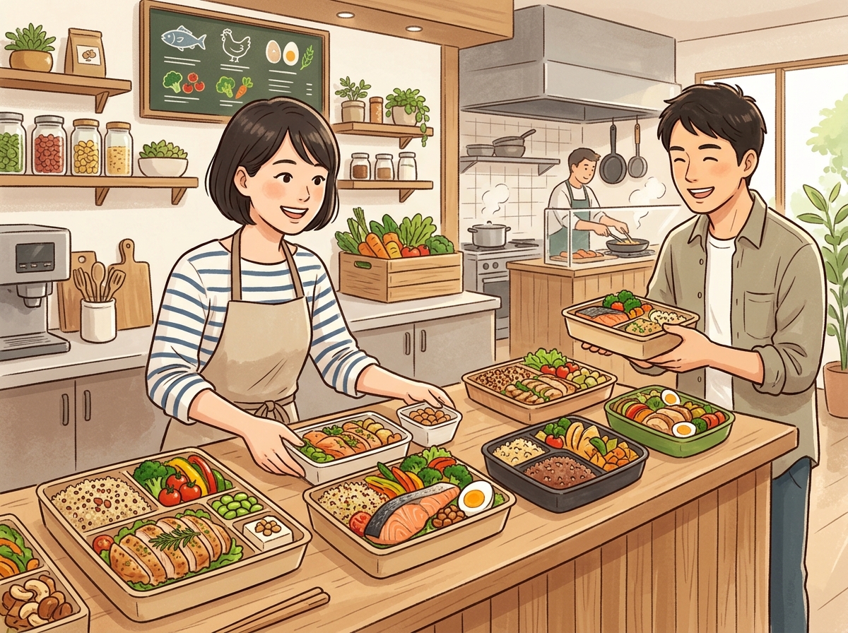 Professional illustration for article section about: 高タンパク弁当の未来と最新トレンド. 日本人が理解しやすい自然で親しみやすい画像。写真のような