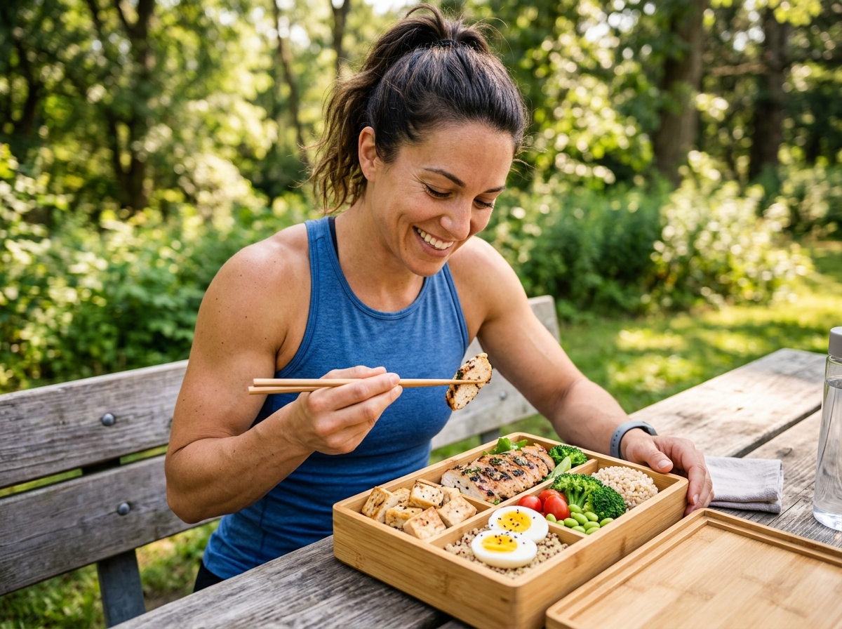 A visually appealing scene featuring a high-protein bento box, showcasing grilled chicken breast, to