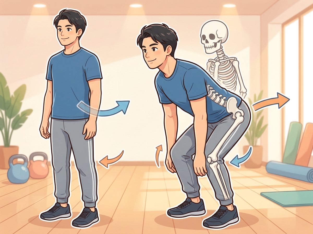 Professional illustration for article section about: ヒップヒンジとは何か？その基本を理解しよう. 日本人が理解しやすい自然で親しみやすい画像。写真