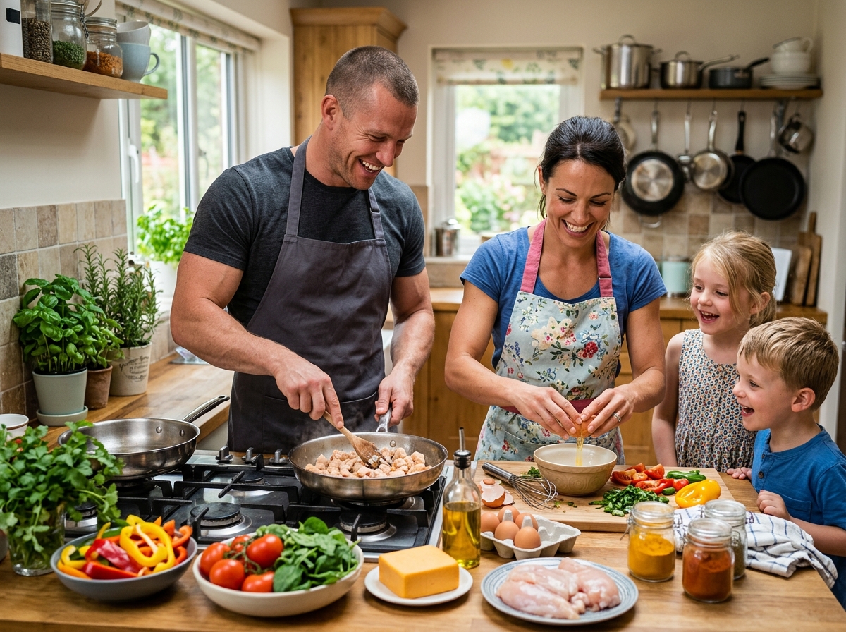 A vibrant kitchen scene featuring a muscular man and woman happily cooking together with various col