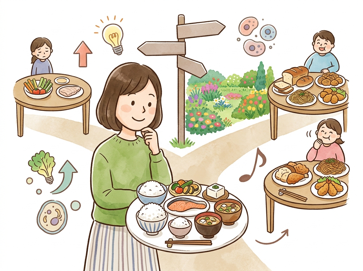 Professional illustration for article section about: カーボサイクルと他のダイエット法の比較. 日本人が理解しやすい自然で親しみやすい画像。写真のよ