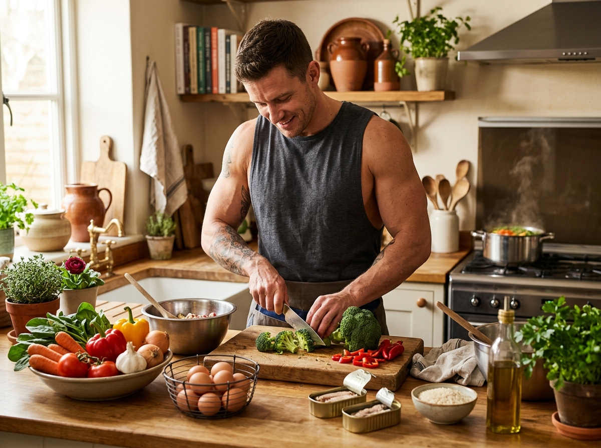 A cozy kitchen scene featuring a well-organized countertop with fresh vegetables, eggs, and canned f