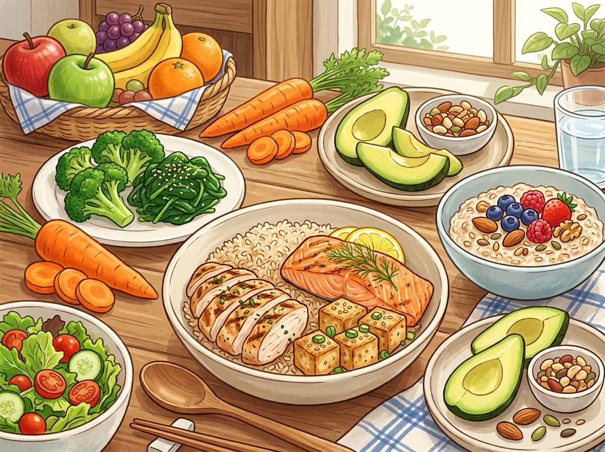 A colorful illustration of various healthy foods, including lean chicken breast, salmon, tofu, brown