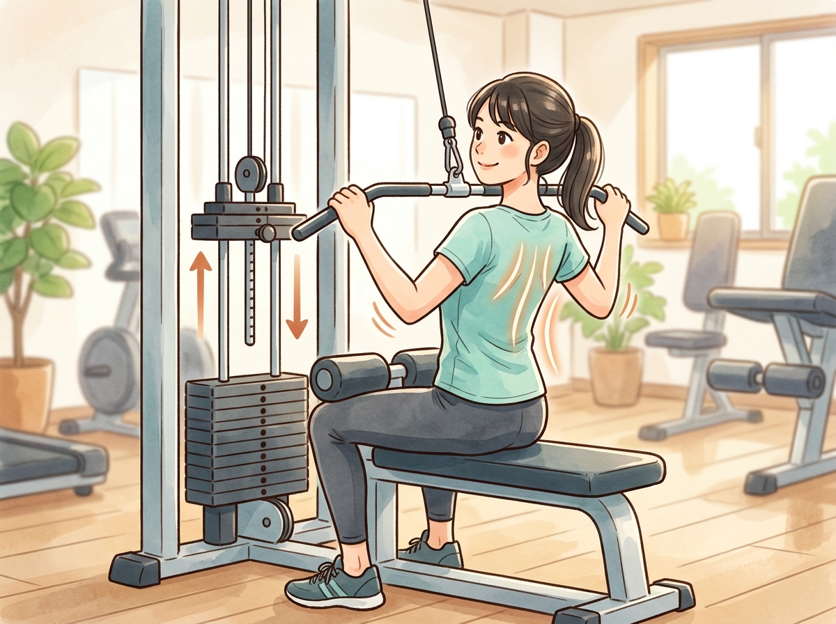 Professional illustration for article section about: ラットプルダウンの効果を最大化するためのコツ. 日本人が理解しやすい自然で親しみやすい画像。写