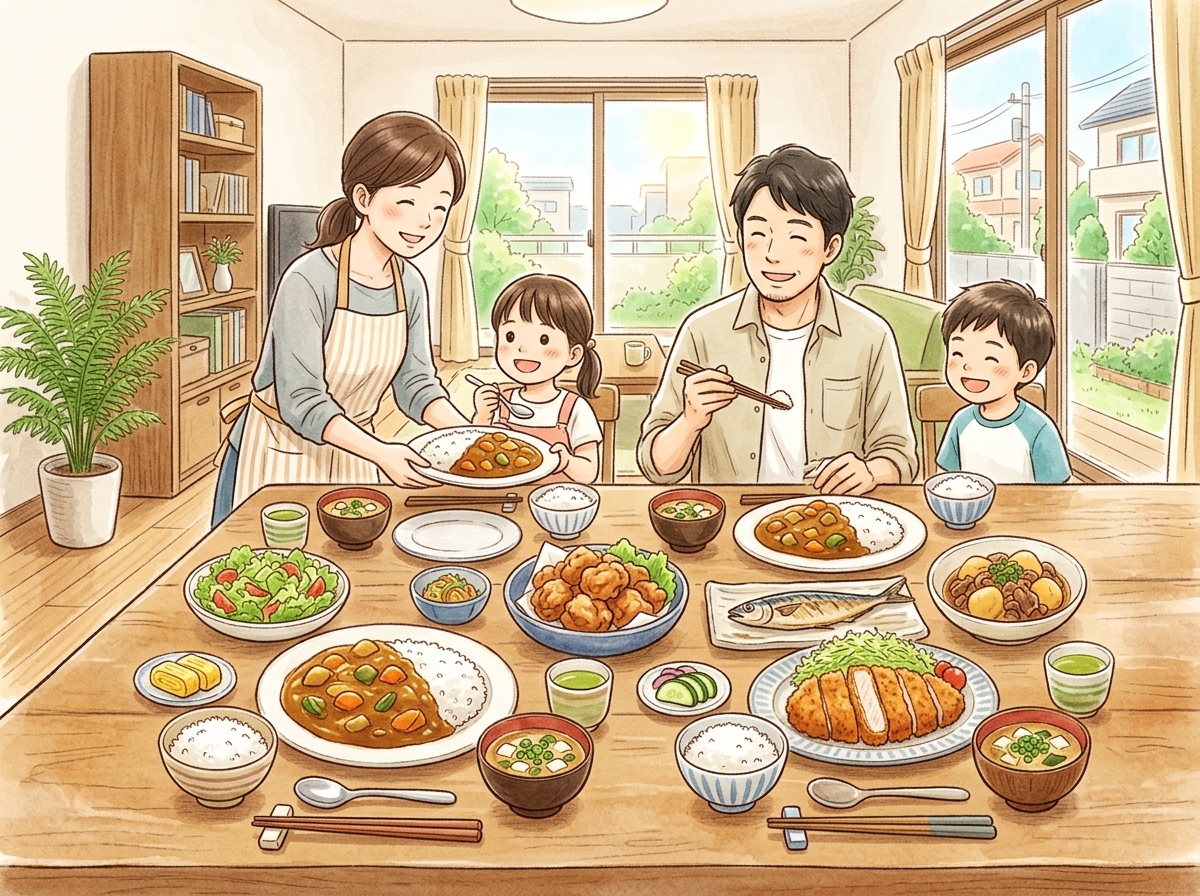 Professional illustration for article section about: 日曜日の食事メニュー. 日本人が理解しやすい自然で親しみやすい画像。写真のようなリアルさではな