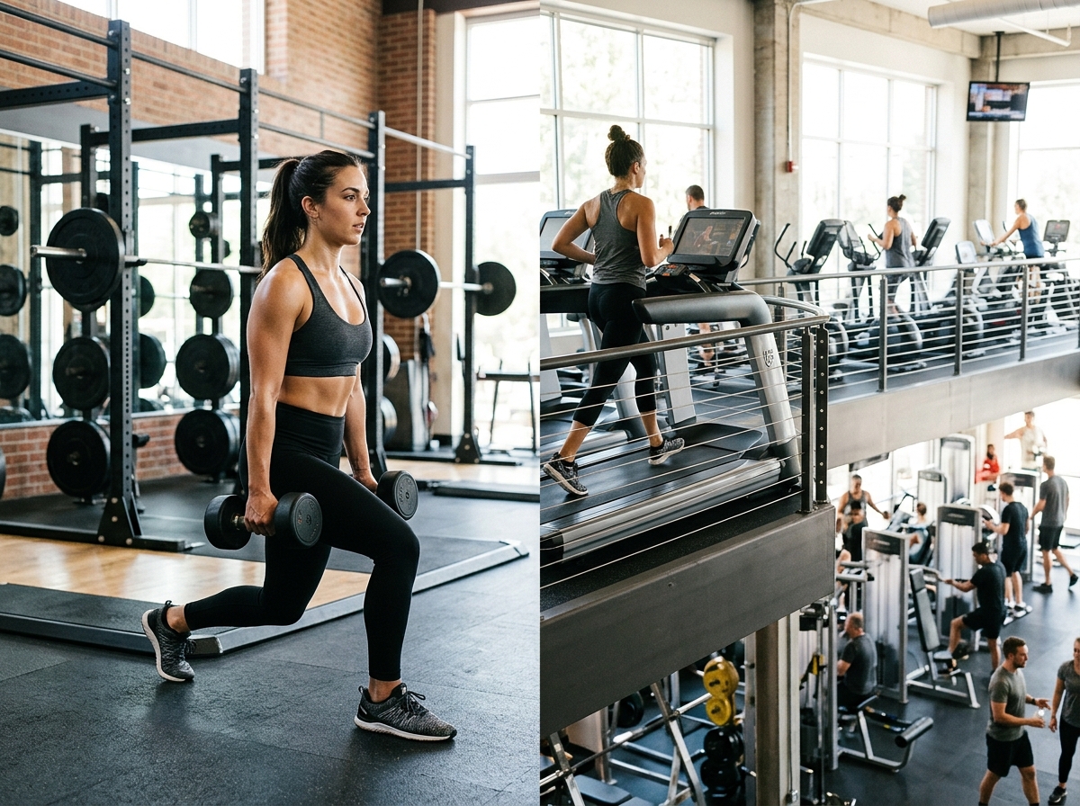A fit individual, either male or female, engaged in a balanced workout routine in a bright, modern g