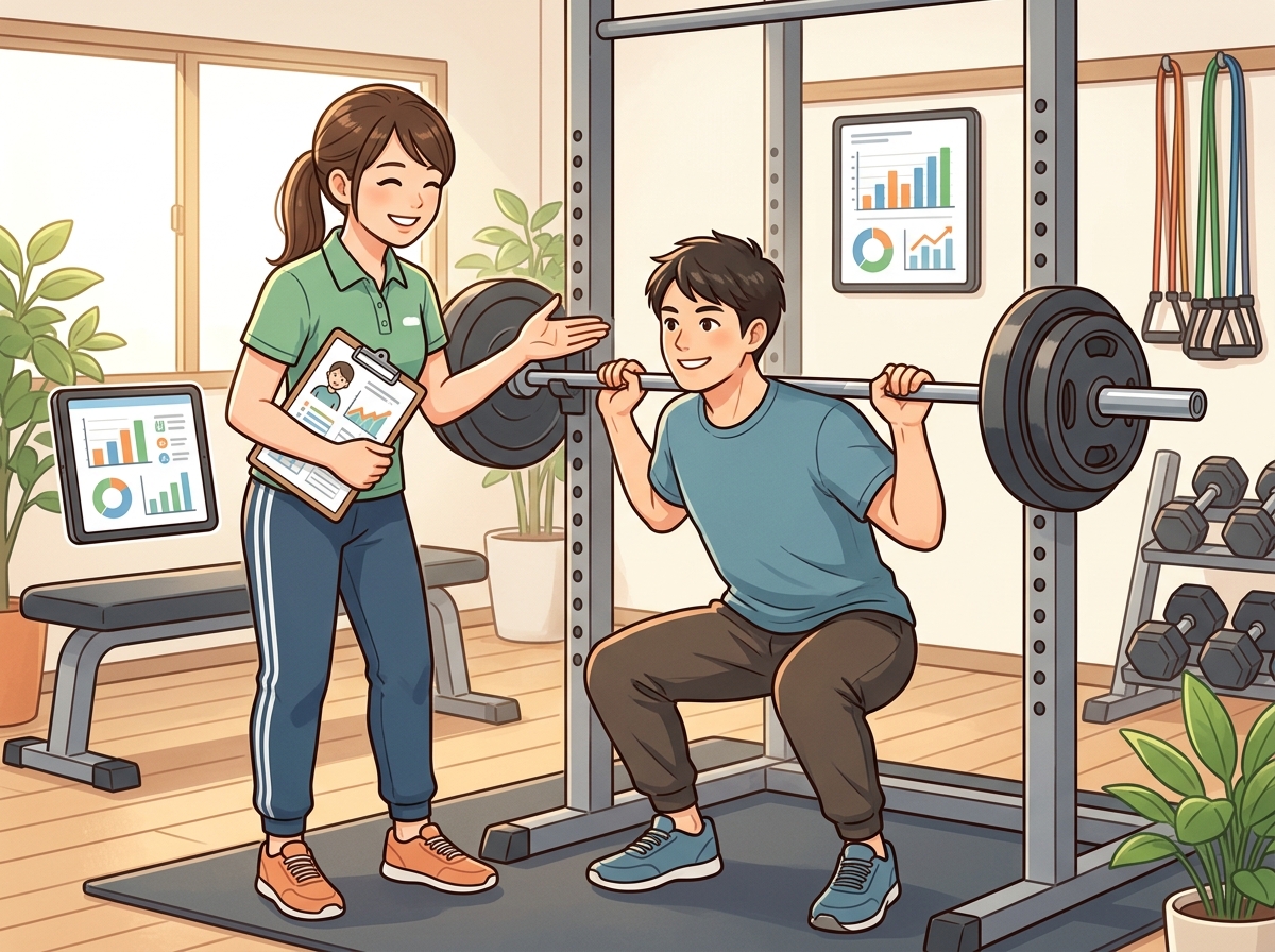 Professional illustration for article section about: パーソナルトレーニングでの1RM活用法. 日本人が理解しやすい自然で親しみやすい画像。写真のよ