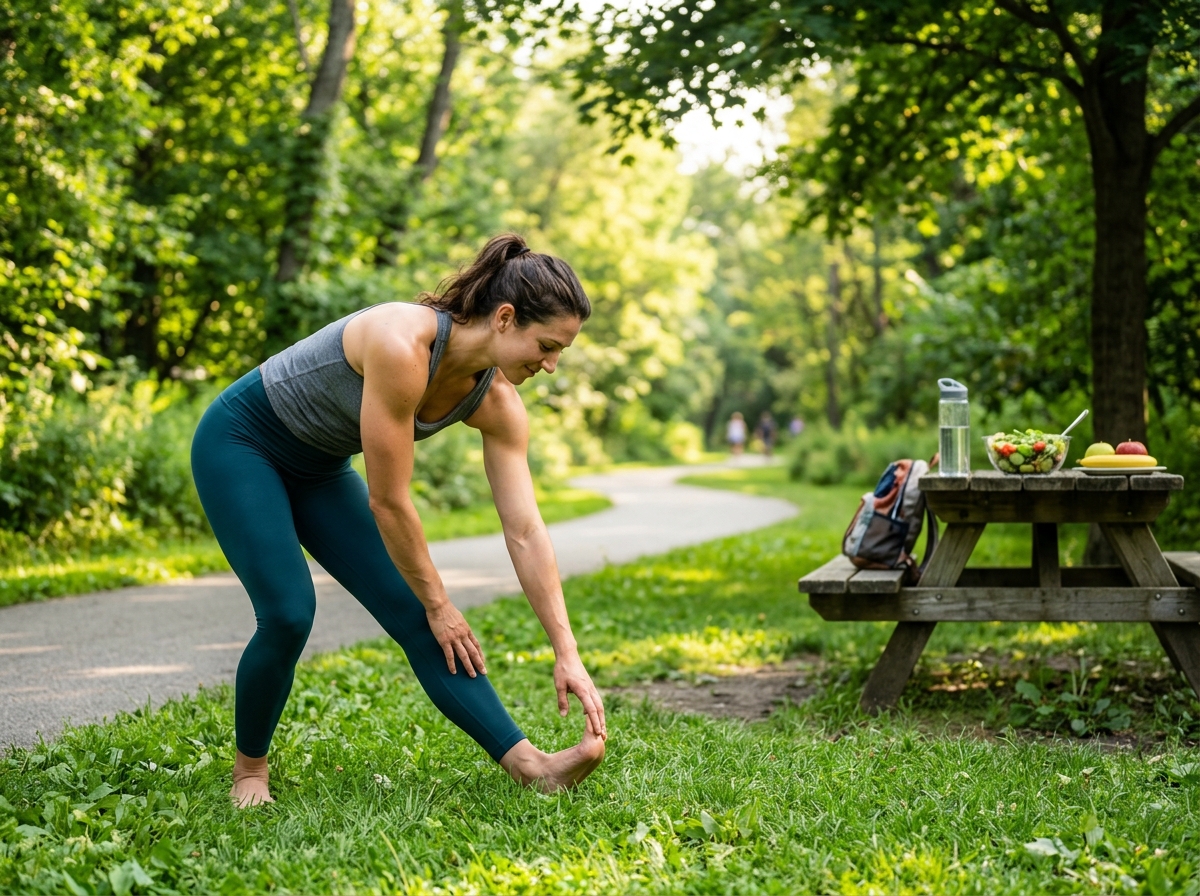 A healthy, muscular individual engaging in a light outdoor exercise, such as walking or stretching, 