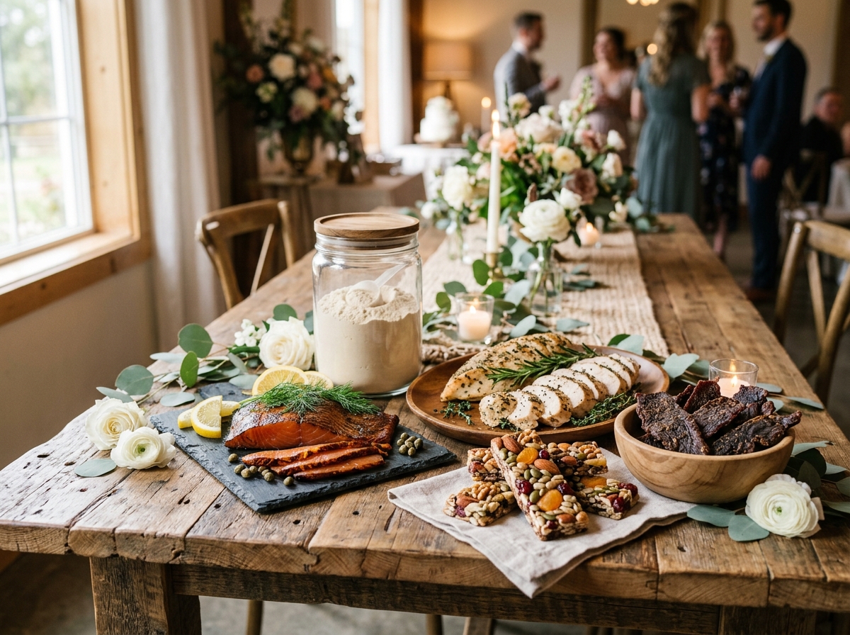 A visually appealing arrangement of high-protein food gifts, including organic protein powder, smoke