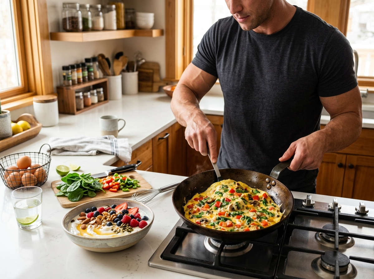 A vibrant breakfast scene featuring a muscular individual preparing a protein-rich omelet with fresh