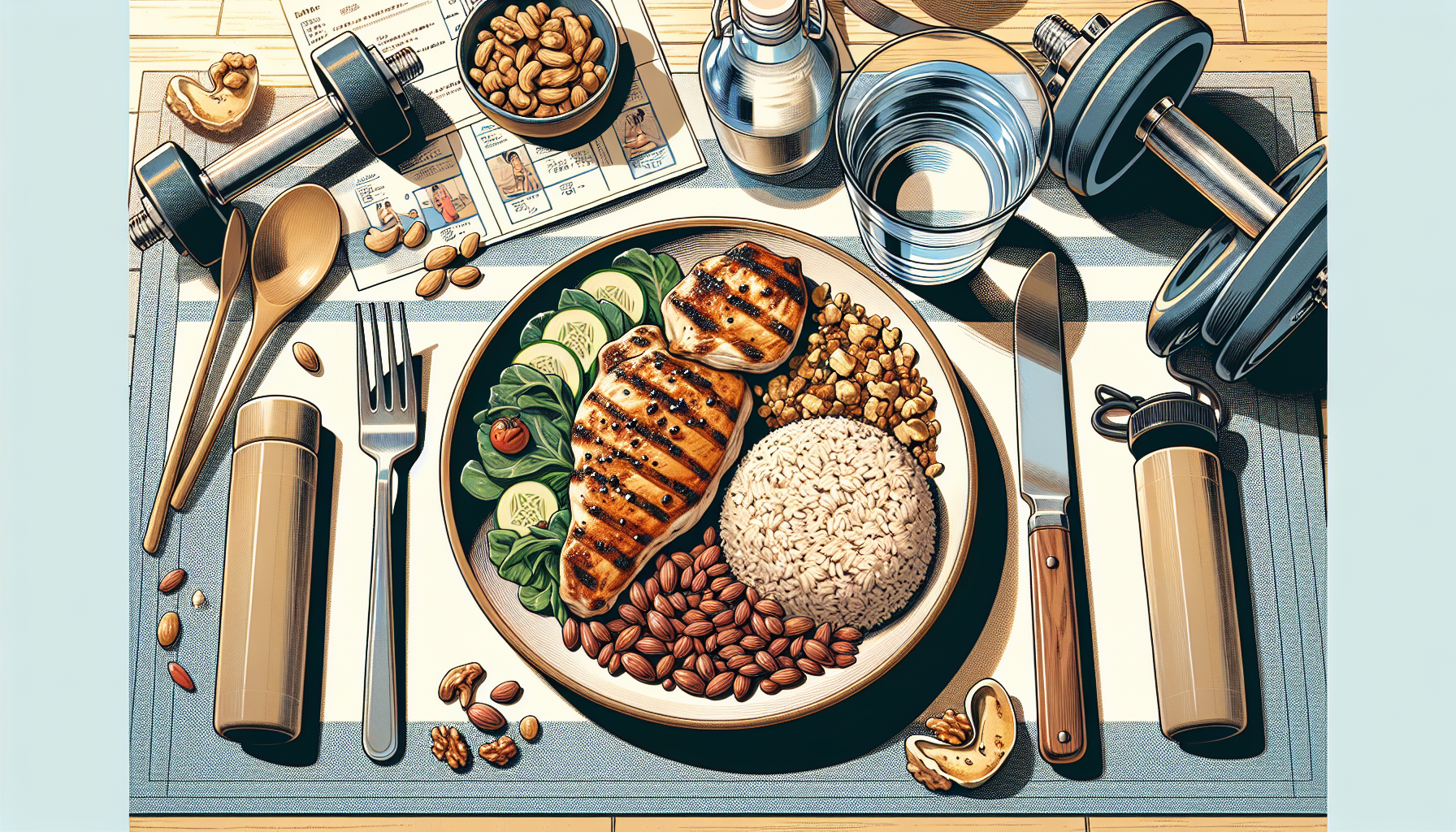 An illustration of a well-balanced meal plate showing grilled chicken, brown rice, leafy greens, and