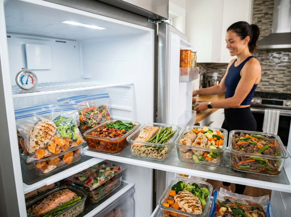 A detailed, realistic photo of a well-organized home freezer showcasing neatly stored high-protein f