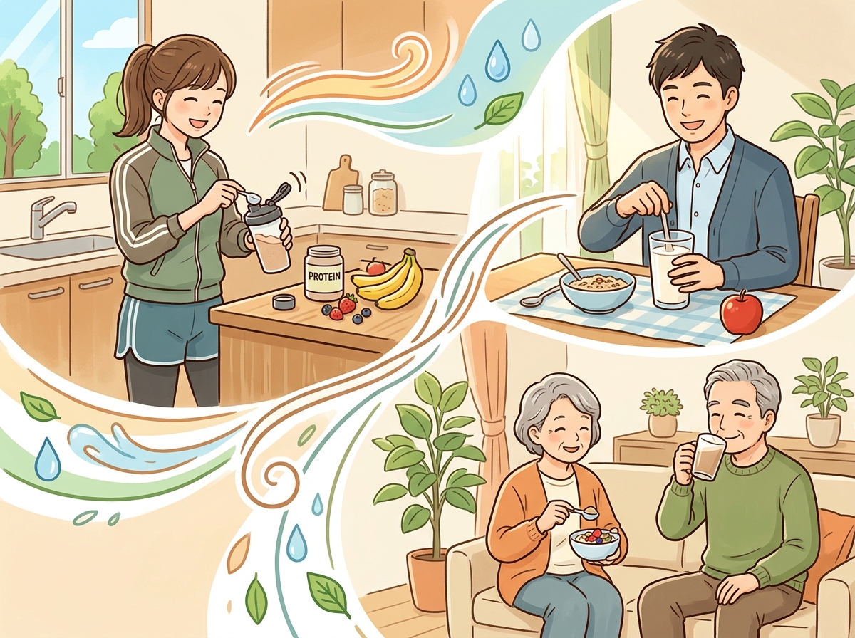 Professional illustration for article section about: プロテインの活用法. 日本人が理解しやすい自然で親しみやすい画像。写真のようなリアルさではなく