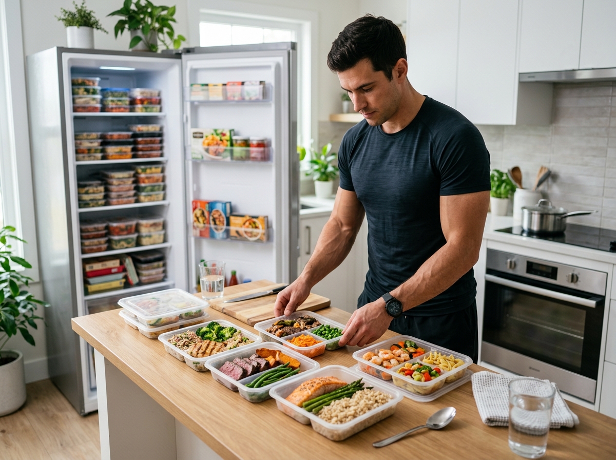 A realistic photo of a muscular individual preparing a high-protein frozen meal in a kitchen, showca