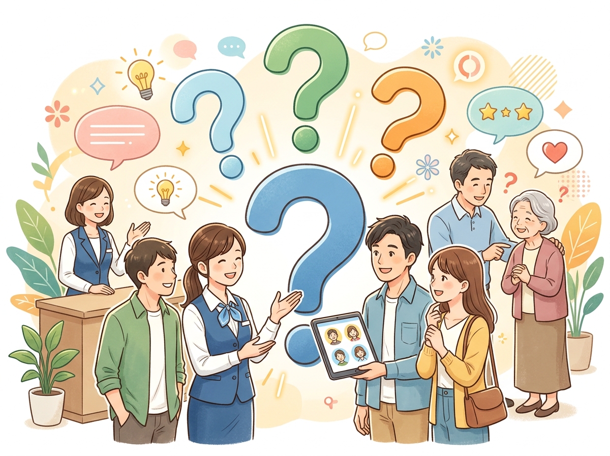 Professional illustration for article section about: よくある質問（FAQ）. 日本人が理解しやすい自然で親しみやすい画像。写真のようなリアルさでは