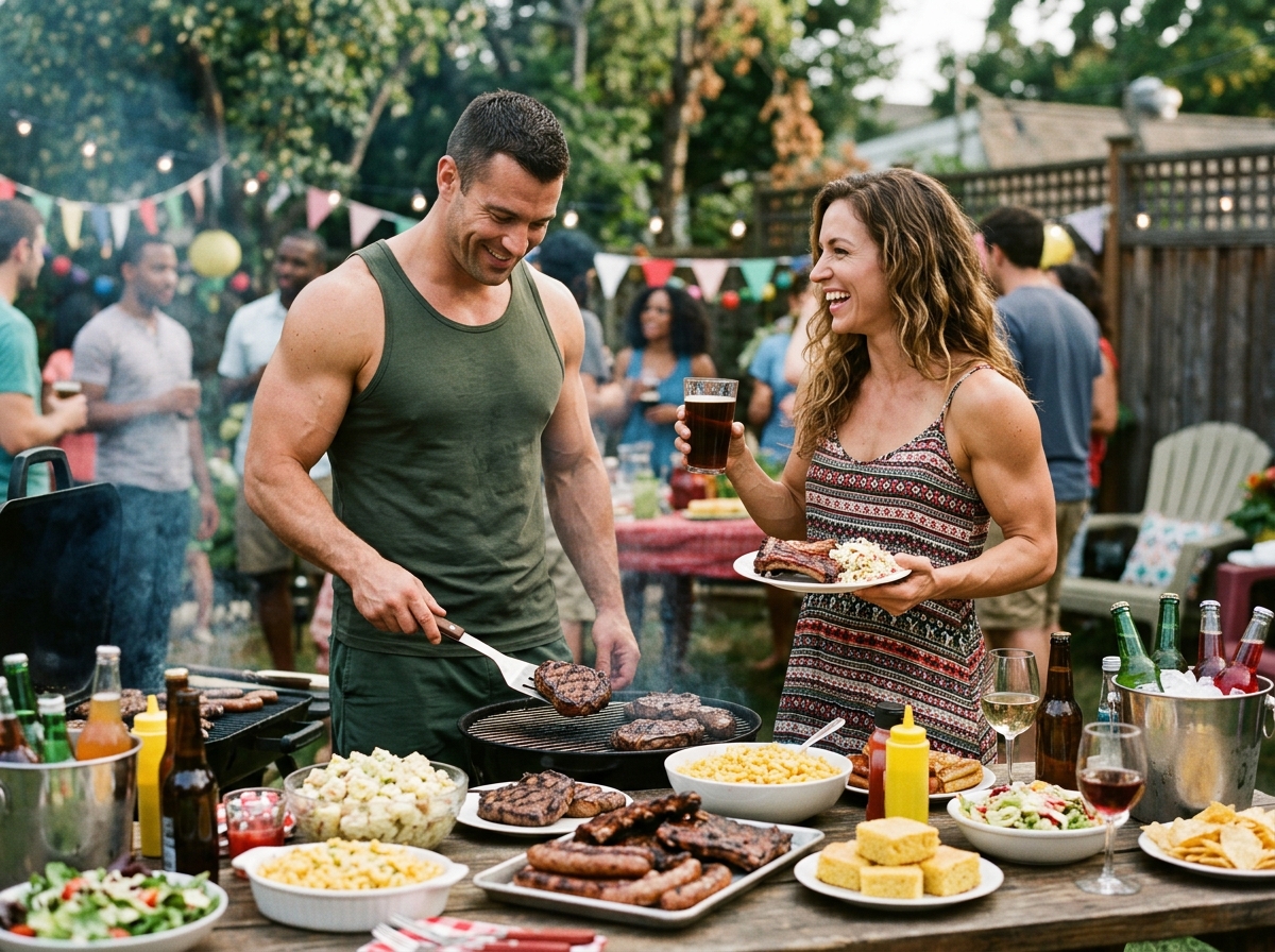 A realistic photograph of a muscular man and woman enjoying a festive outdoor barbecue, surrounded b