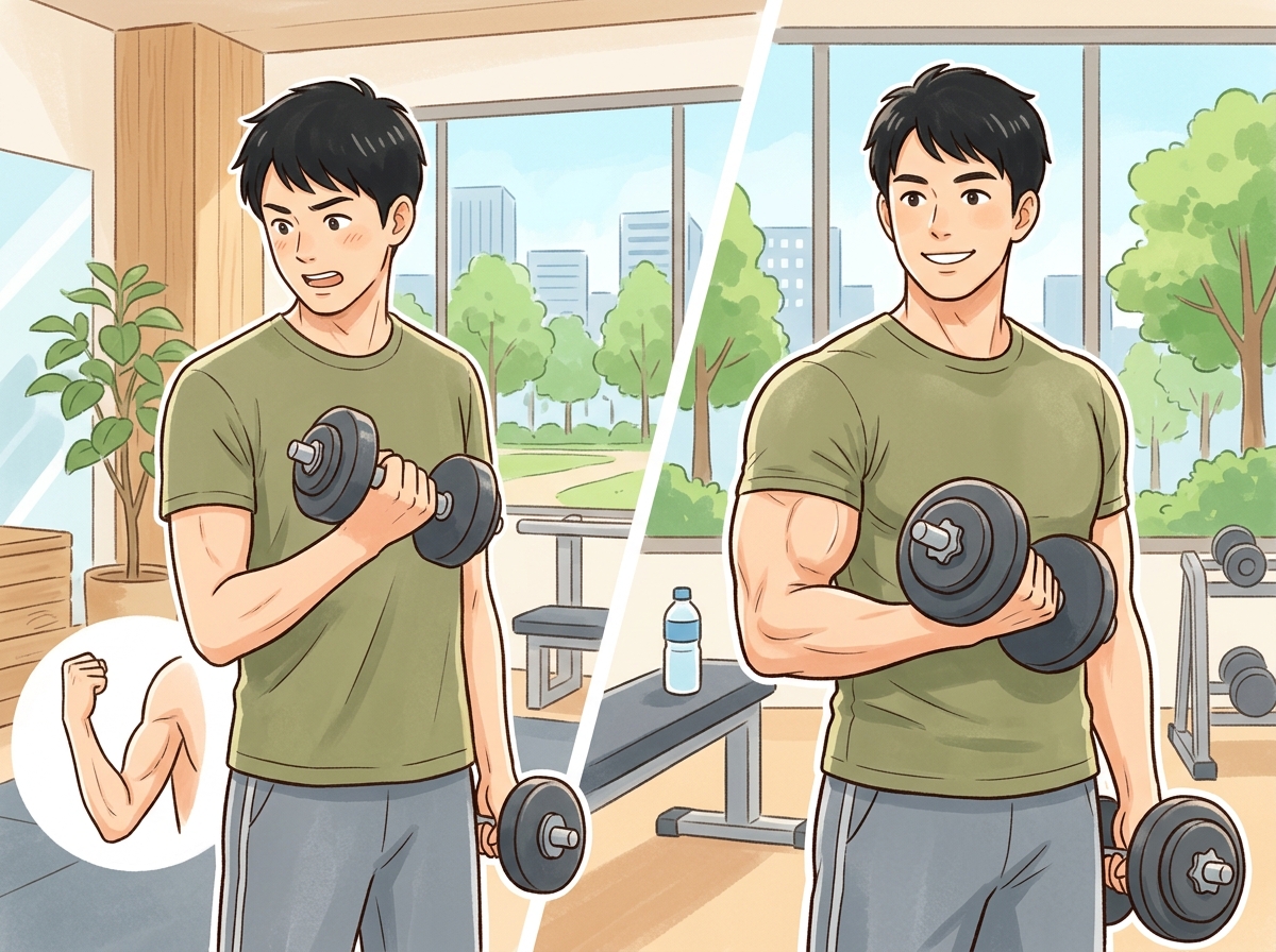 Professional illustration for article section about: 筋肥大とは？基本的な理解. 日本人が理解しやすい自然で親しみやすい画像。写真のようなリアルさで