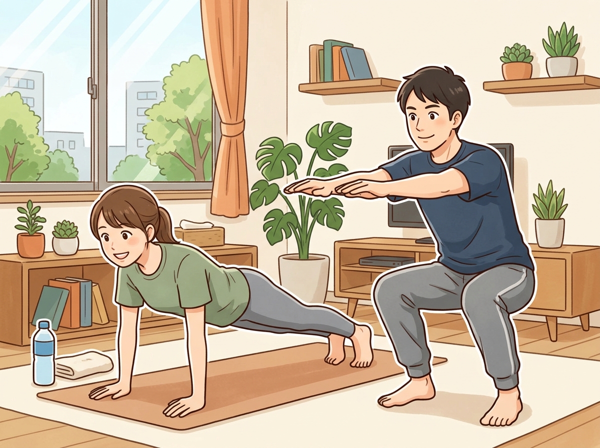 Professional illustration for article section about: 器具なし筋トレの効果とメリット. 日本人が理解しやすい自然で親しみやすい画像。写真のようなリア
