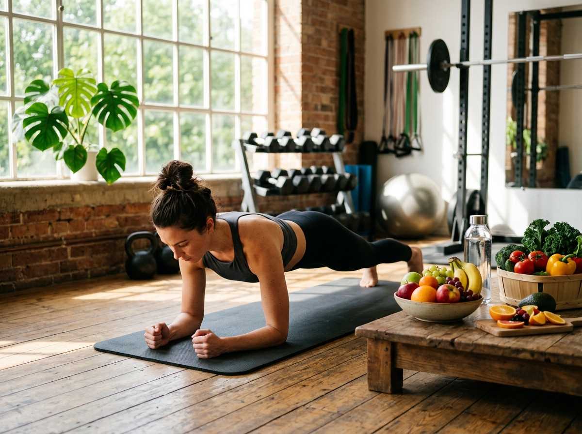 A serene gym scene featuring a fitness enthusiast performing a plank exercise with a focus on core s