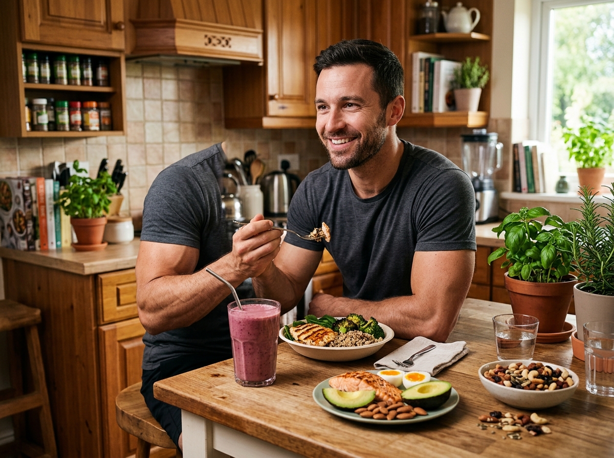 A realistic photo of a muscular person enjoying a variety of high-protein food products, such as sha