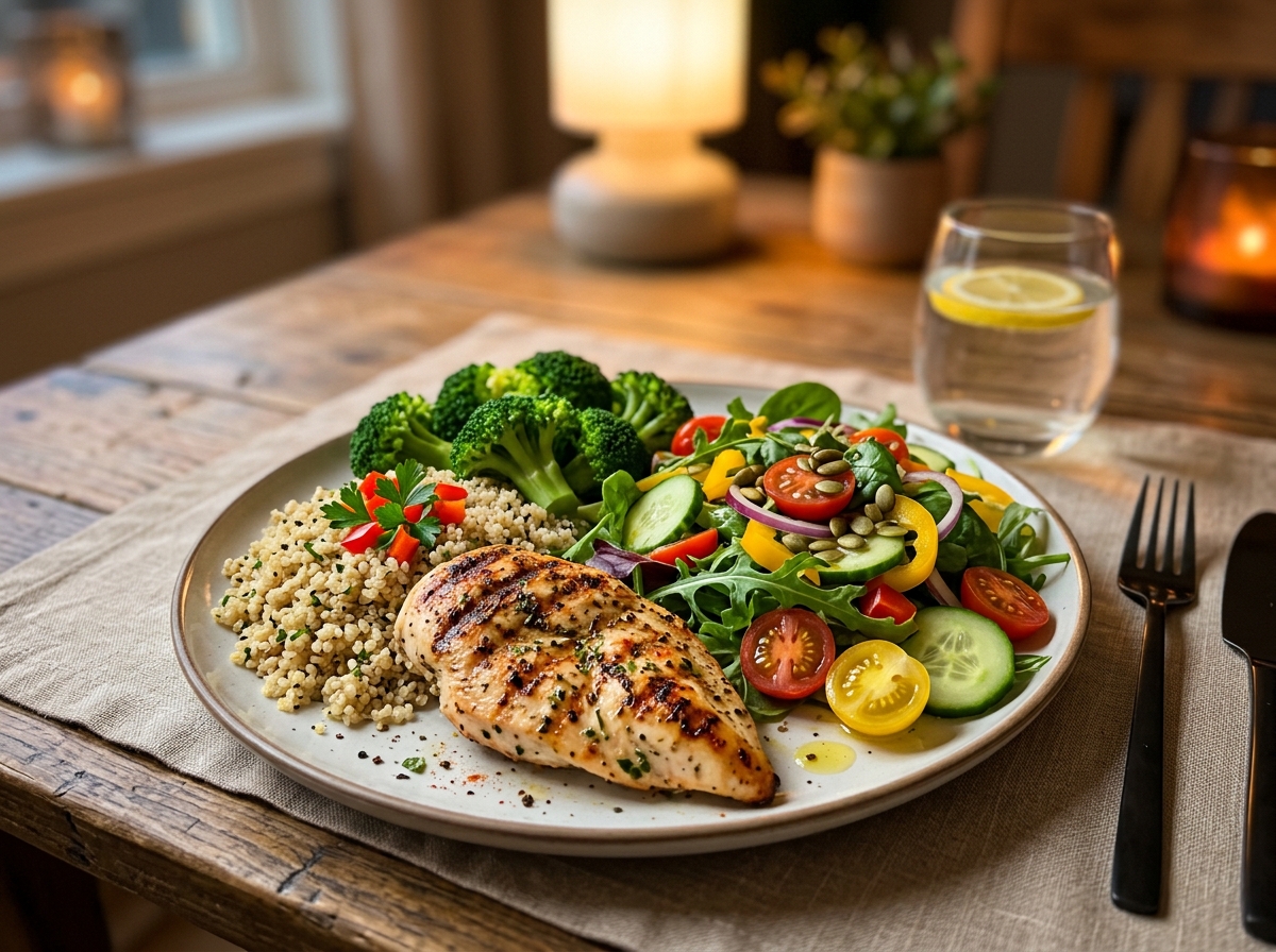 A realistic photo of a beautifully arranged healthy dinner plate featuring low-calorie foods, includ