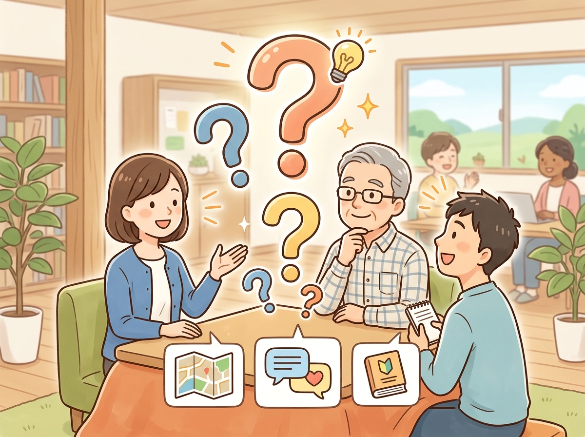 Professional illustration for article section about: よくある質問（FAQ）. 日本人が理解しやすい自然で親しみやすい画像。写真のようなリアルさでは