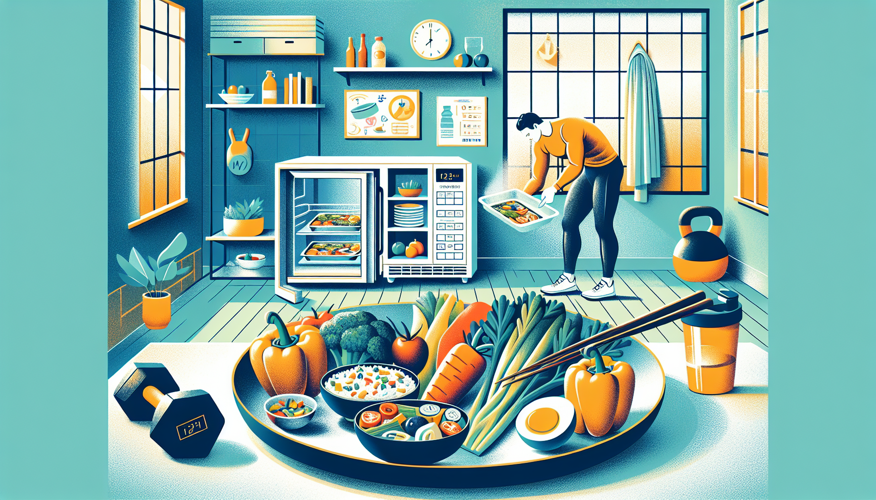 An illustration of a modern kitchen scene featuring a frozen meal being taken out of a freezer, with