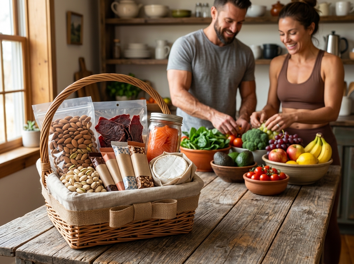 A beautifully arranged gift basket featuring high-protein foods, including vibrant almonds, pistachi