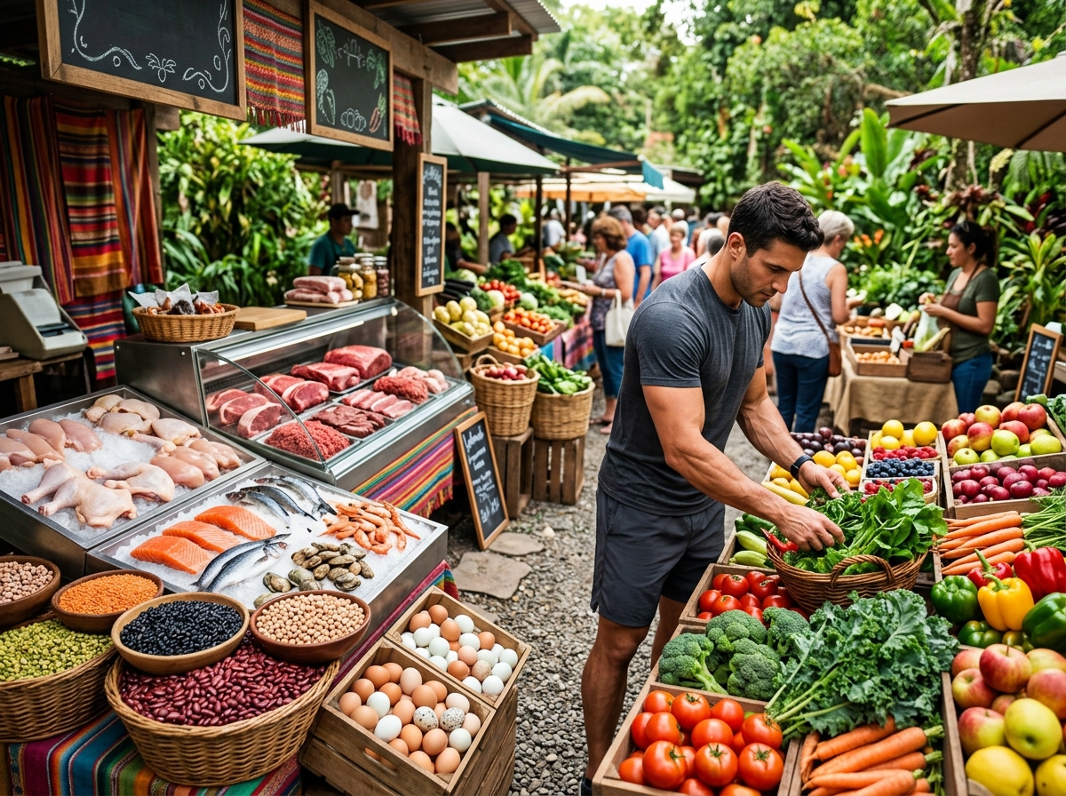 A vibrant scene of a rustic outdoor market showcasing an array of fresh, local high-protein foods su