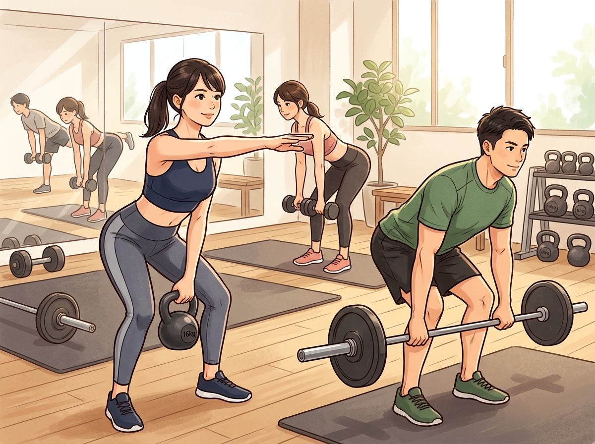 Professional illustration for article section about: ヒップヒンジを活かしたトレーニング種目と応用. 日本人が理解しやすい自然で親しみやすい画像。写