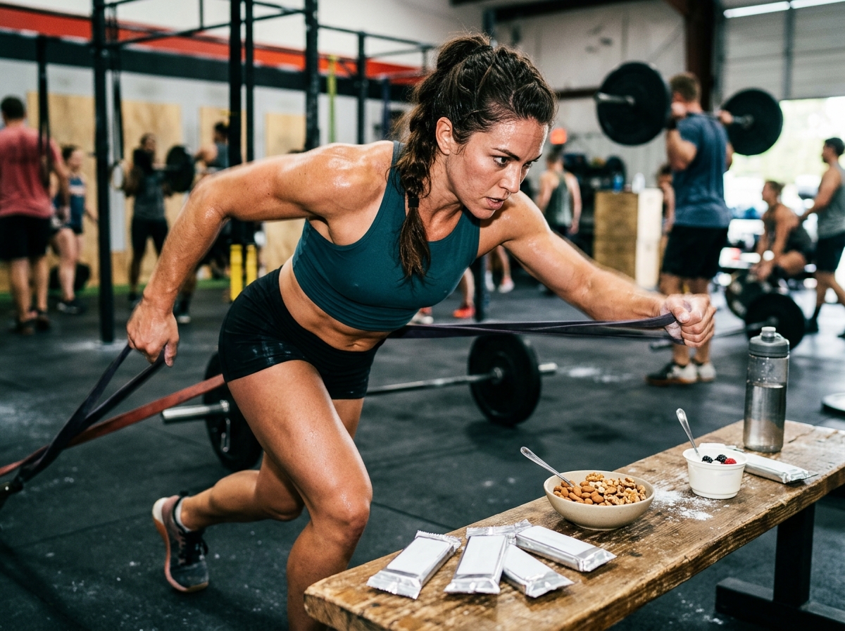 A dynamic scene depicting a muscular athlete in a training environment, surrounded by various health