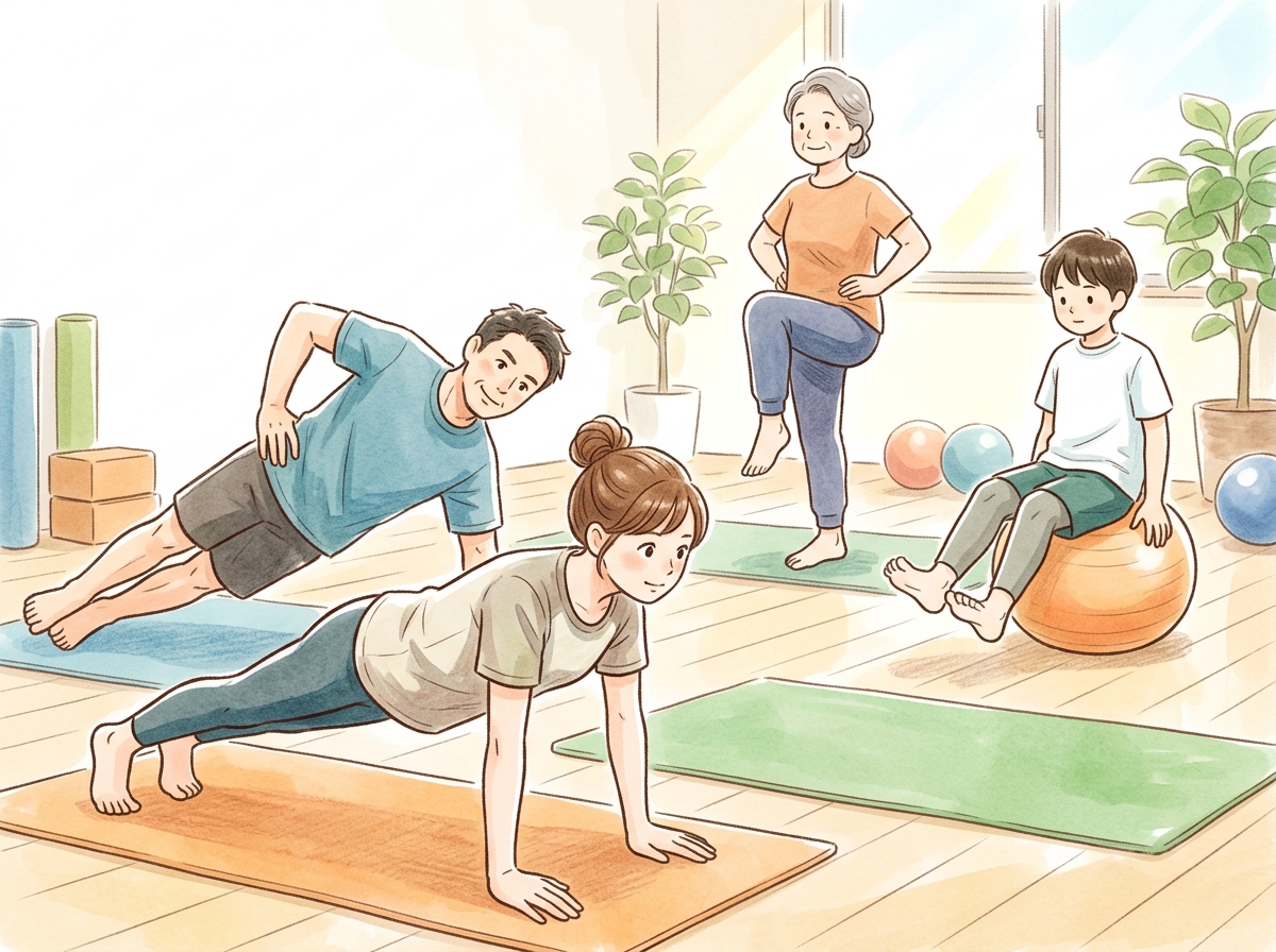 Professional illustration for article section about: 体幹を鍛えるコアトレーニング. 日本人が理解しやすい自然で親しみやすい画像。写真のようなリアル